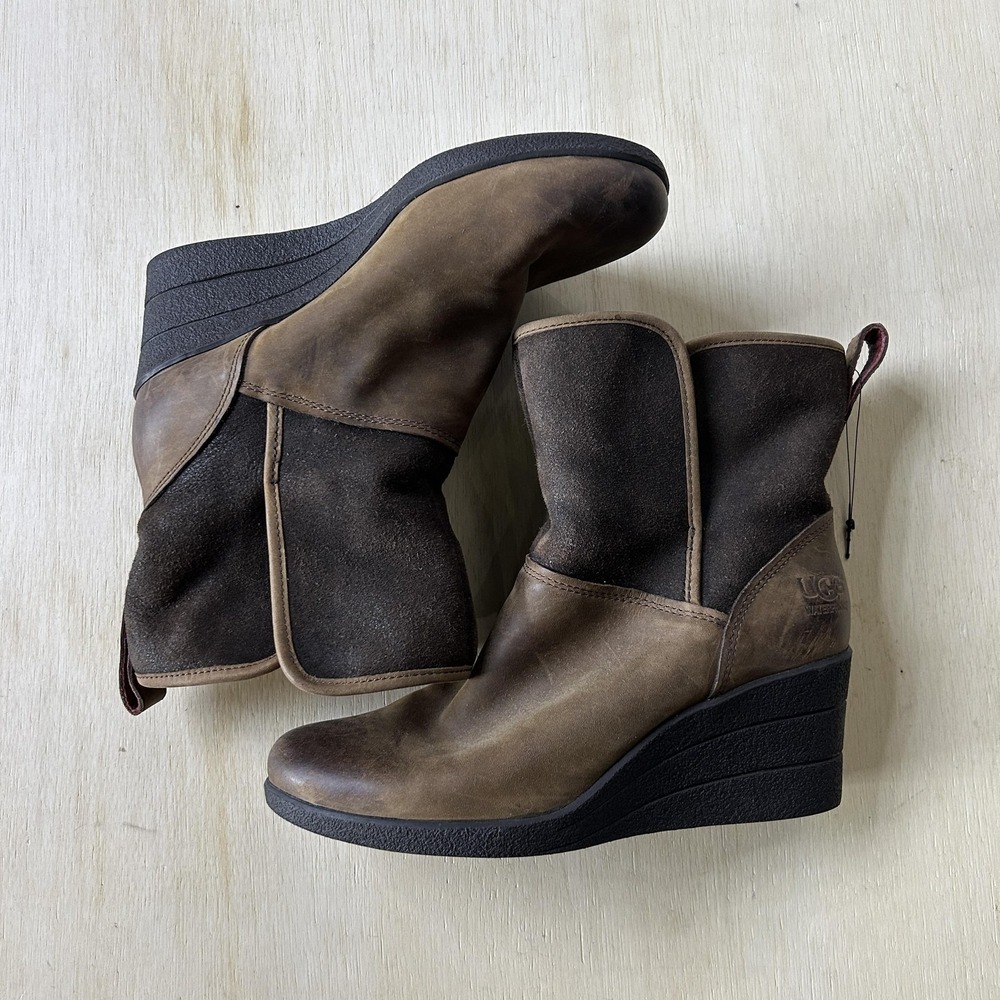 UGG Boots Womens Size 7 Brown Leather Suede Wedge Mid Calf Waterproof Shearling